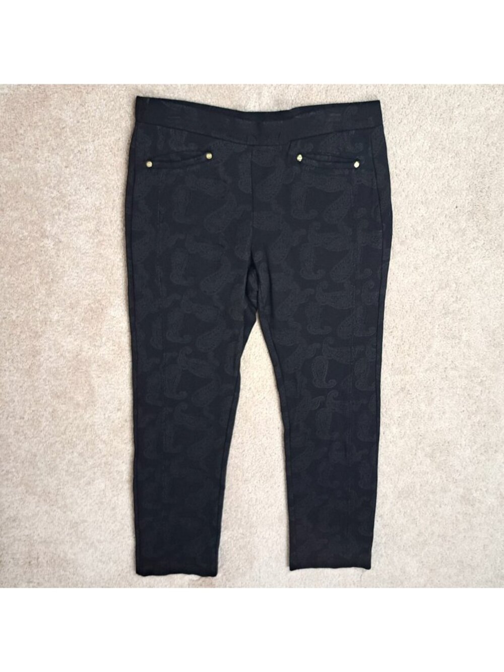 Peck & Peck Size 10 Trousers Black Paisley Pull-On Slim Leg Work Office Style